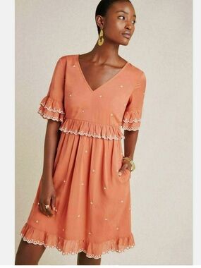 Anthropologie Samia Ruffled Scalloped Embroidered Peach Orange Dress Petite